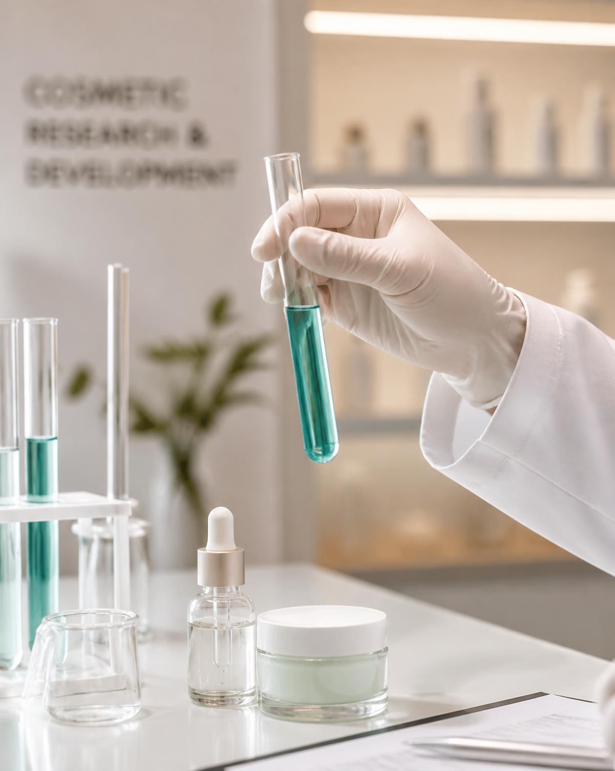 Pesquisadora manipulando amostra em laboratório de cosméticos